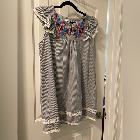 See and Be Seen Pinstripe Embroidered Floral Dress - Picture 1 of 3